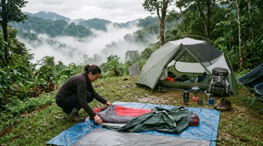 A family campsite on an elevated ventilated clearing in humid weather, with a double-wall tent aired open and camping gear spread out to dry on a tarp.