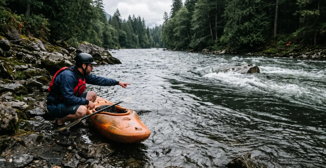 A kayaker in a helmet and life jacket crouches on a rocky riverbank, reading the V-shaped current patterns on the river surface before launching.