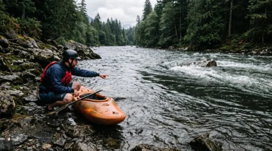 A kayaker in a helmet and life jacket crouches on a rocky riverbank, reading the V-shaped current patterns on the river surface before launching.