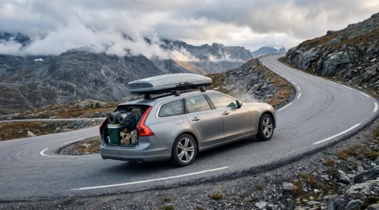 A heavily loaded family car with a roof box climbing a steep paved mountain pass road under partly cloudy skies.