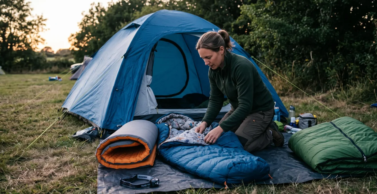 A parent adjusts a sleeping bag liner inside an open quilt beside a pitched tent at a campsite at dusk, with sleeping pads and folded bags laid out on a ground sheet.