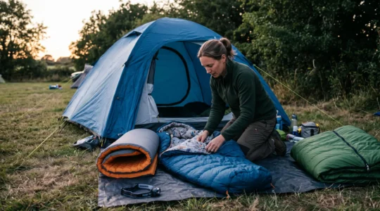 A parent adjusts a sleeping bag liner inside an open quilt beside a pitched tent at a campsite at dusk, with sleeping pads and folded bags laid out on a ground sheet.