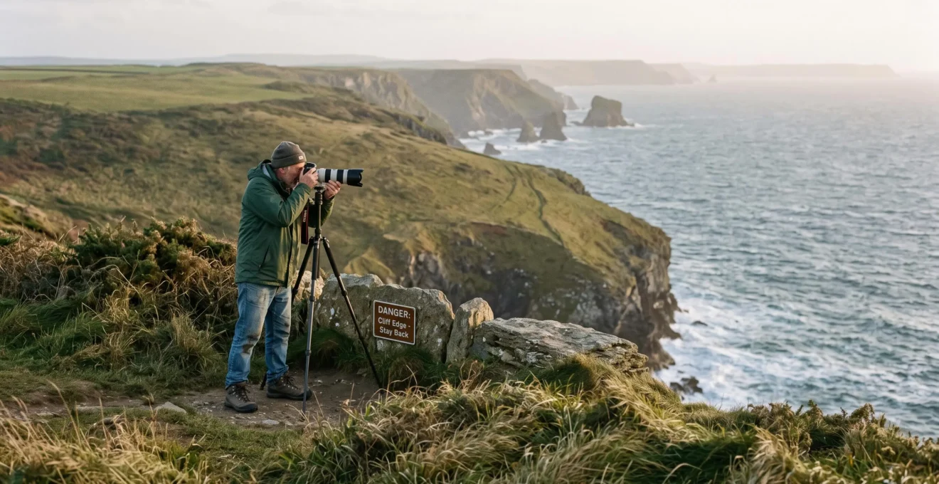 A photographer using a telephoto lens on a tripod stands safely back from a grassy clifftop edge overlooking the sea.