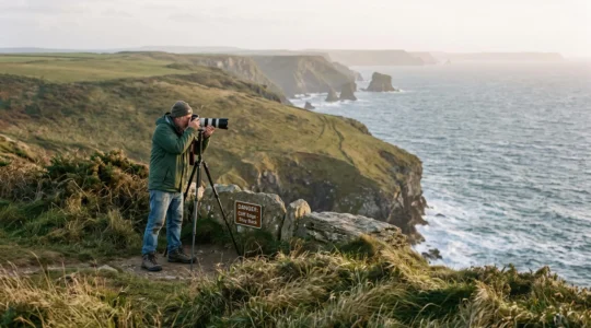 A photographer using a telephoto lens on a tripod stands safely back from a grassy clifftop edge overlooking the sea.