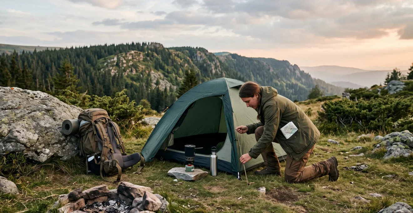 A camper alone sets up a small tent at a remote wilderness campsite in late afternoon light.