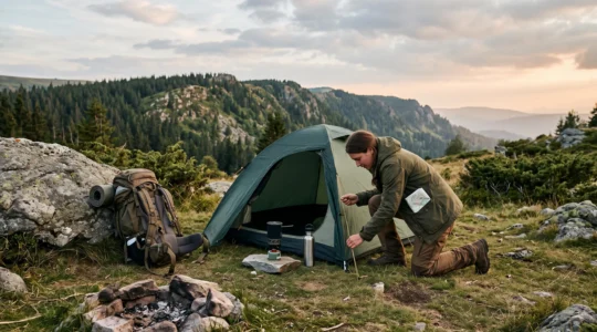 A camper alone sets up a small tent at a remote wilderness campsite in late afternoon light.