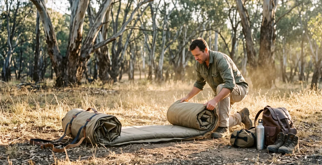 A solo camper unrolls a compact canvas swag directly on the ground in a dry woodland clearing in late afternoon light.
