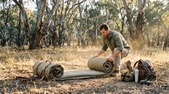 A solo camper unrolls a compact canvas swag directly on the ground in a dry woodland clearing in late afternoon light.