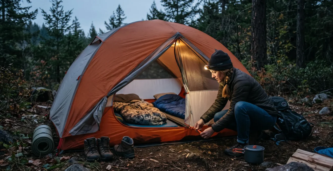A parent opens the low vent of a family tent at dusk while the high rear vent stays open for overnight air circulation.