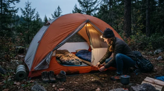 A parent opens the low vent of a family tent at dusk while the high rear vent stays open for overnight air circulation.