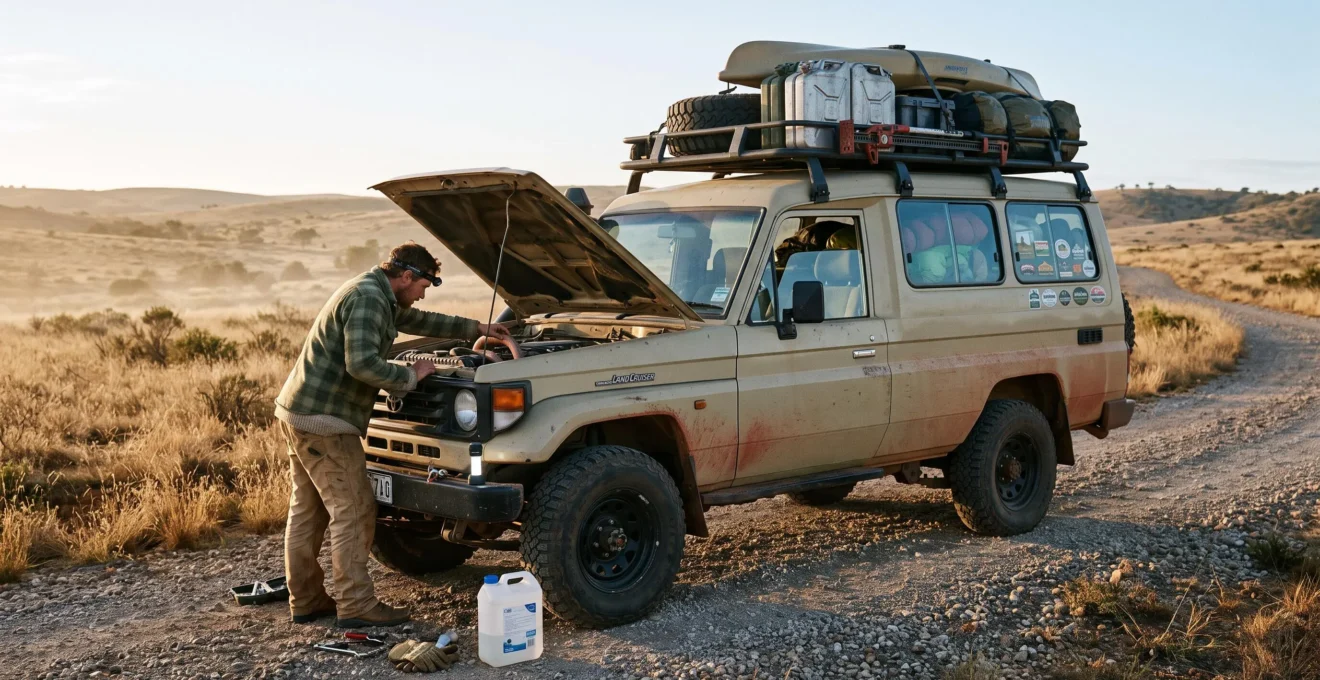 A person inspects the cooling system of a loaded camping vehicle at the roadside before a remote trip.