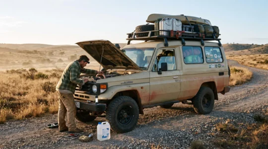 A person inspects the cooling system of a loaded camping vehicle at the roadside before a remote trip.